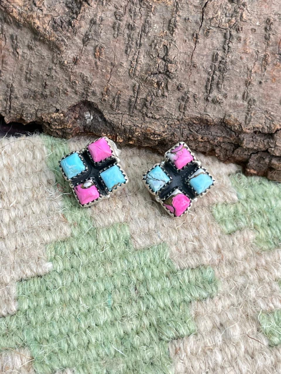 Handmade Sterling Silver Cotton Candy Post Studs Earrings "Signed Nizhoni"