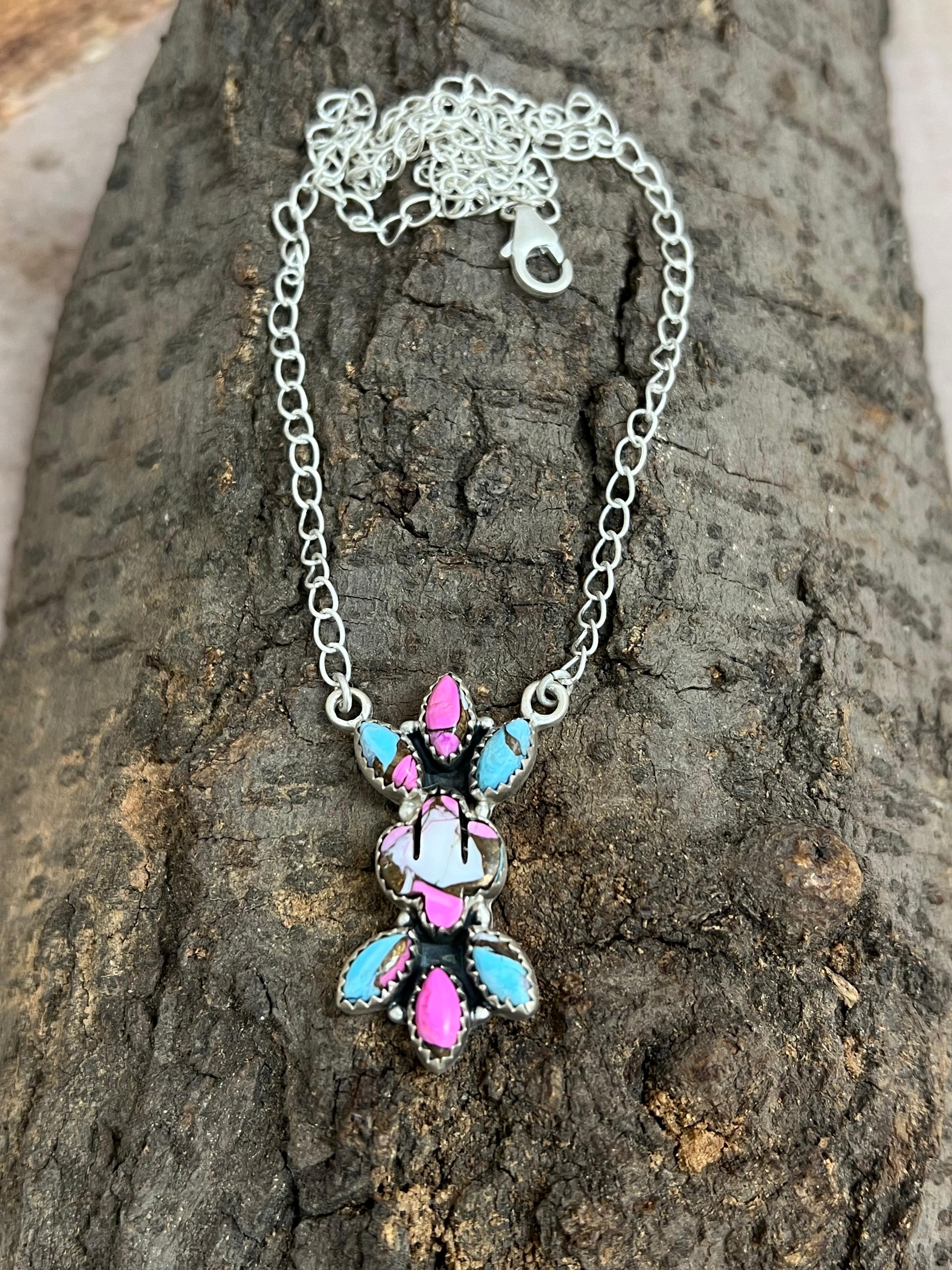 Handmade Sterling Silver Cotton Candy Turquoise Necklace with Signed Nizhoni