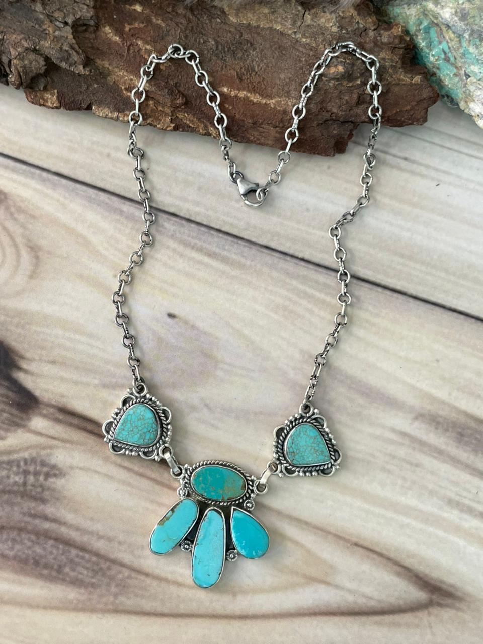 Handmade Sterling Silver Green Kingman Turquoise Collection: Choker Necklace Signed Nizhoni