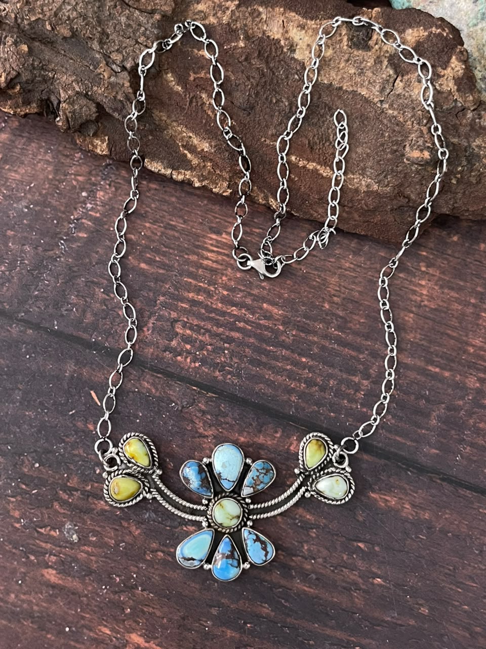 Handmade Sterling Silver Palomino with Golden Hills Turquoise Necklace Signed Nizhoni