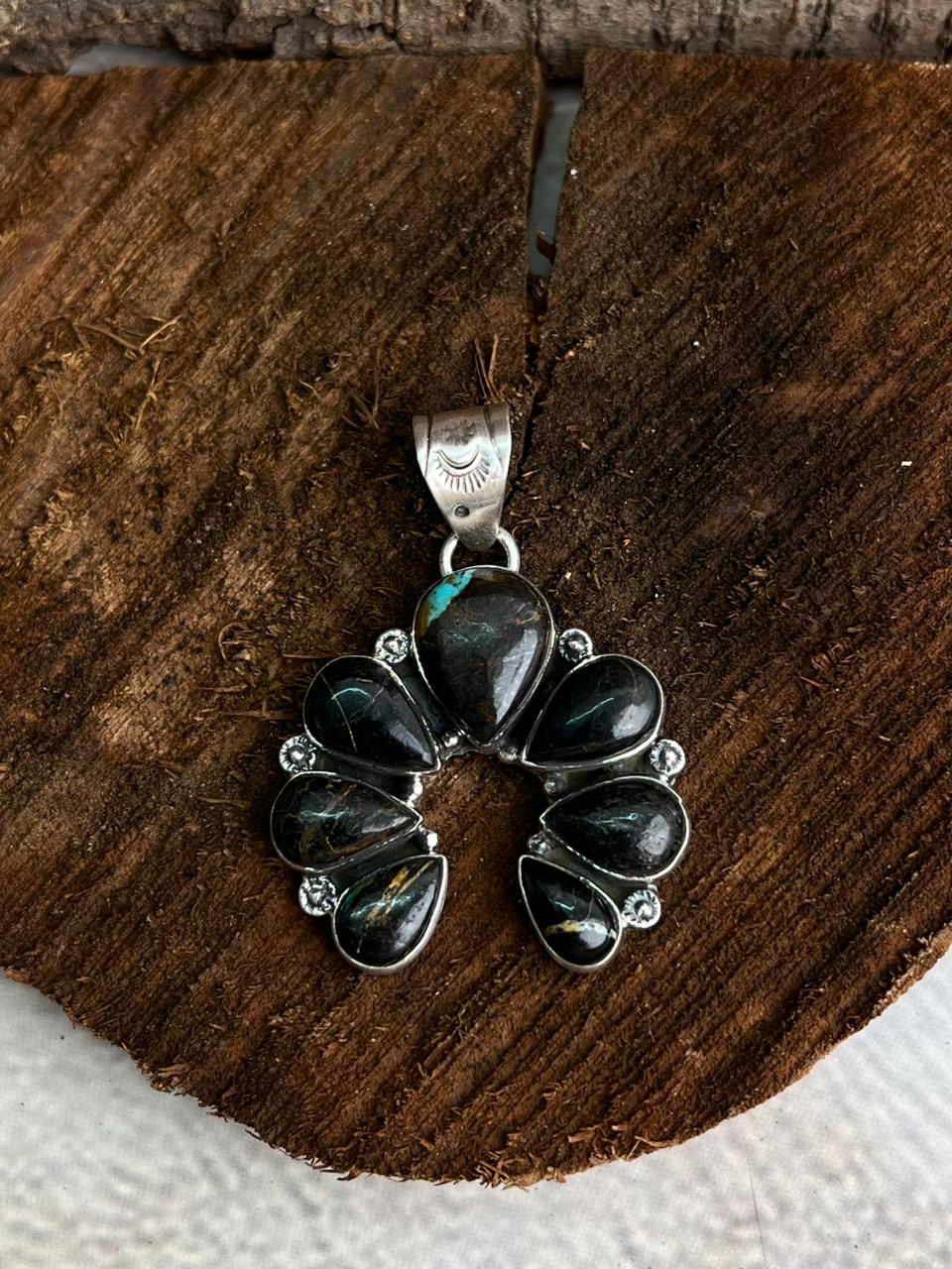 Handmade Sterling Silver Blackjack Turquoise Naja Pendant "Signed Nizhoni"