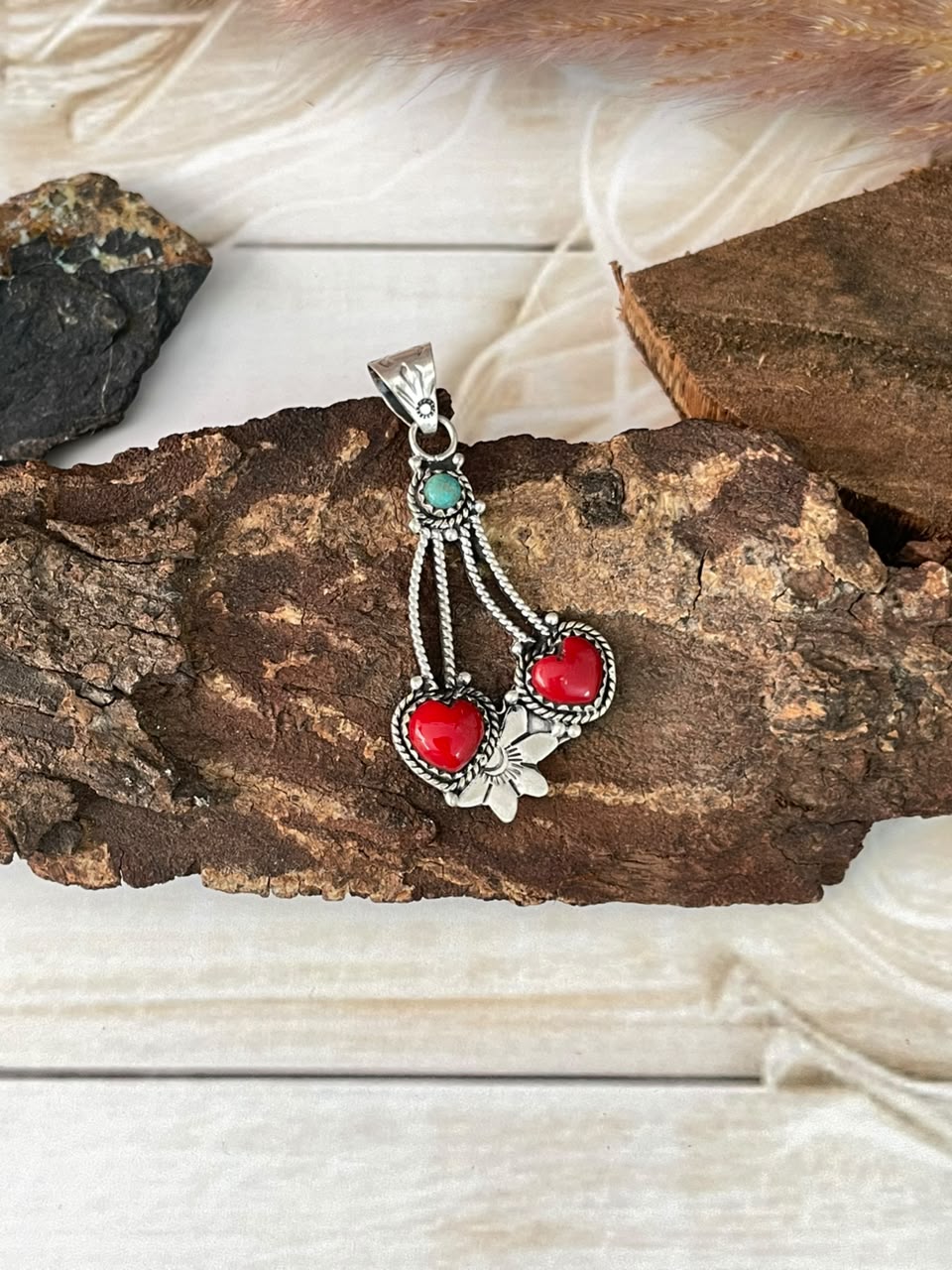 Handmade Sterling Silver Rosarita with Kingman Turquoise Cherry Pendant Signed Nizhoni