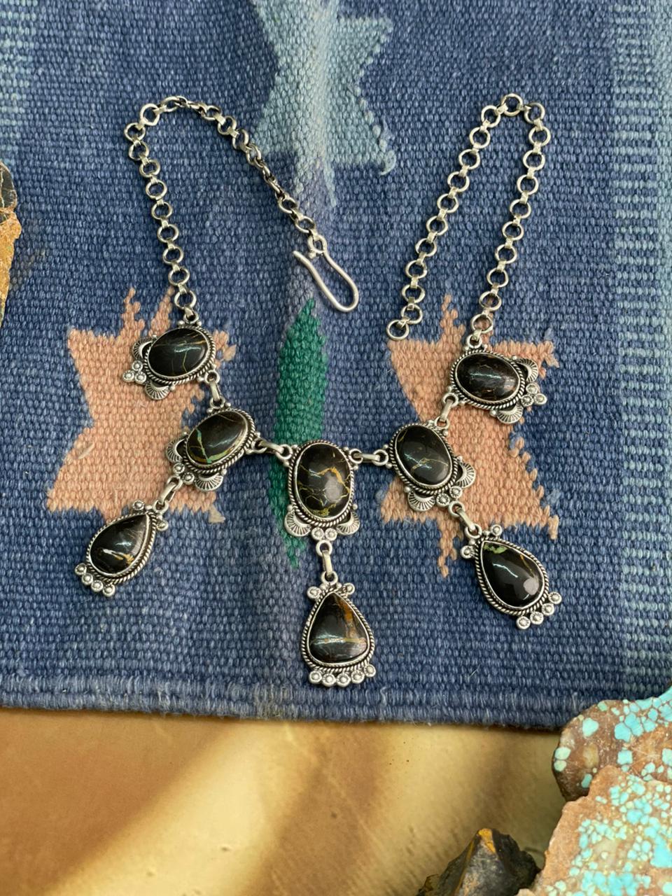 Handmade Sterling Silver Blackjack Turquoise Choker Necklace "Signed Nizhoni"