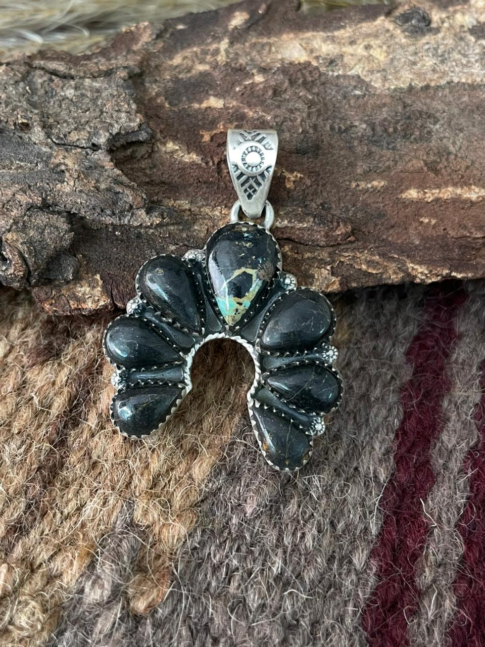 Handmade Sterling Silver Blackjack Turquoise Pendant "Signed Nizhoni"