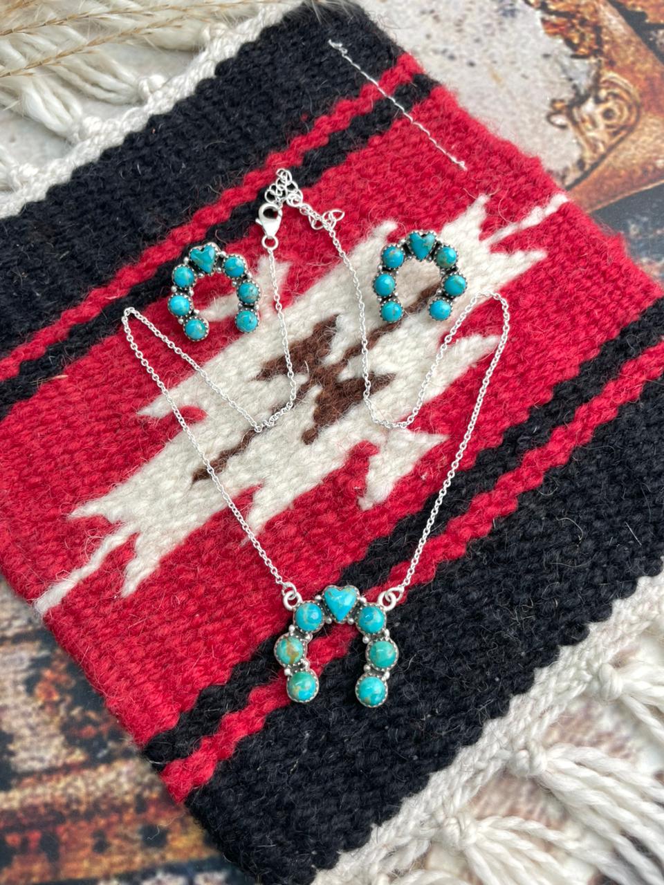 Handmade Sterling Silver Kingman Turquoise Necklace Earrings Set "Signed Nizhoni"