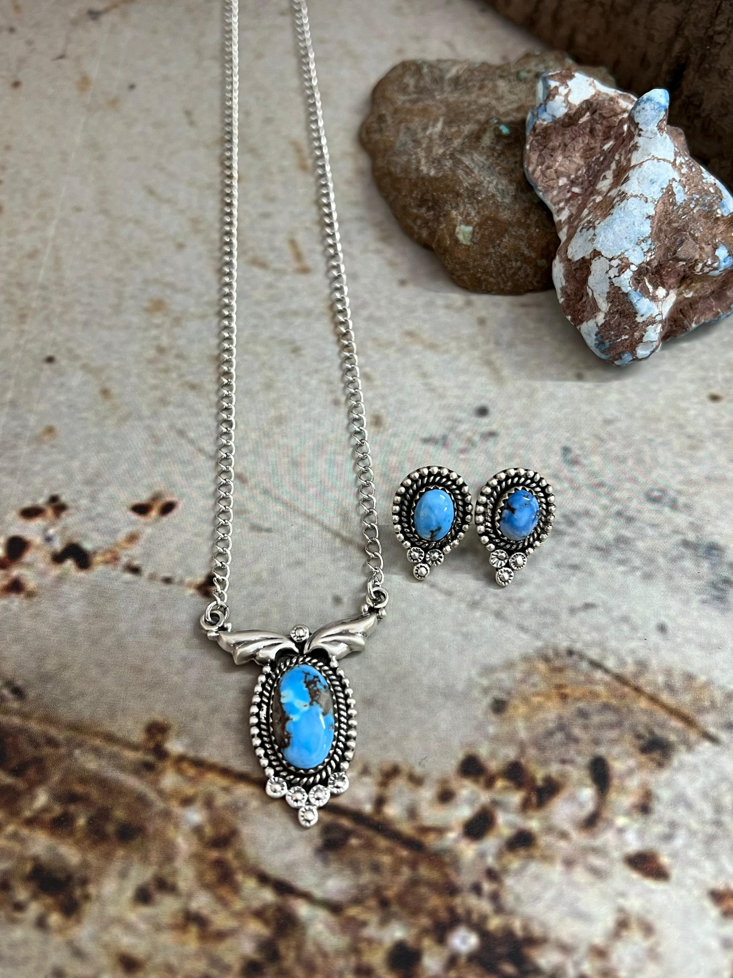 Handmade Sterling Silver Golden Hills Turquoise Necklace Earrings Set with Signed Nizhoni