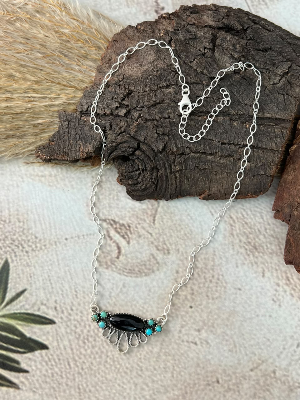 Handmade Sterling Silver Kingman Turquoise with Black Onyx Necklace Signed Nizhoni