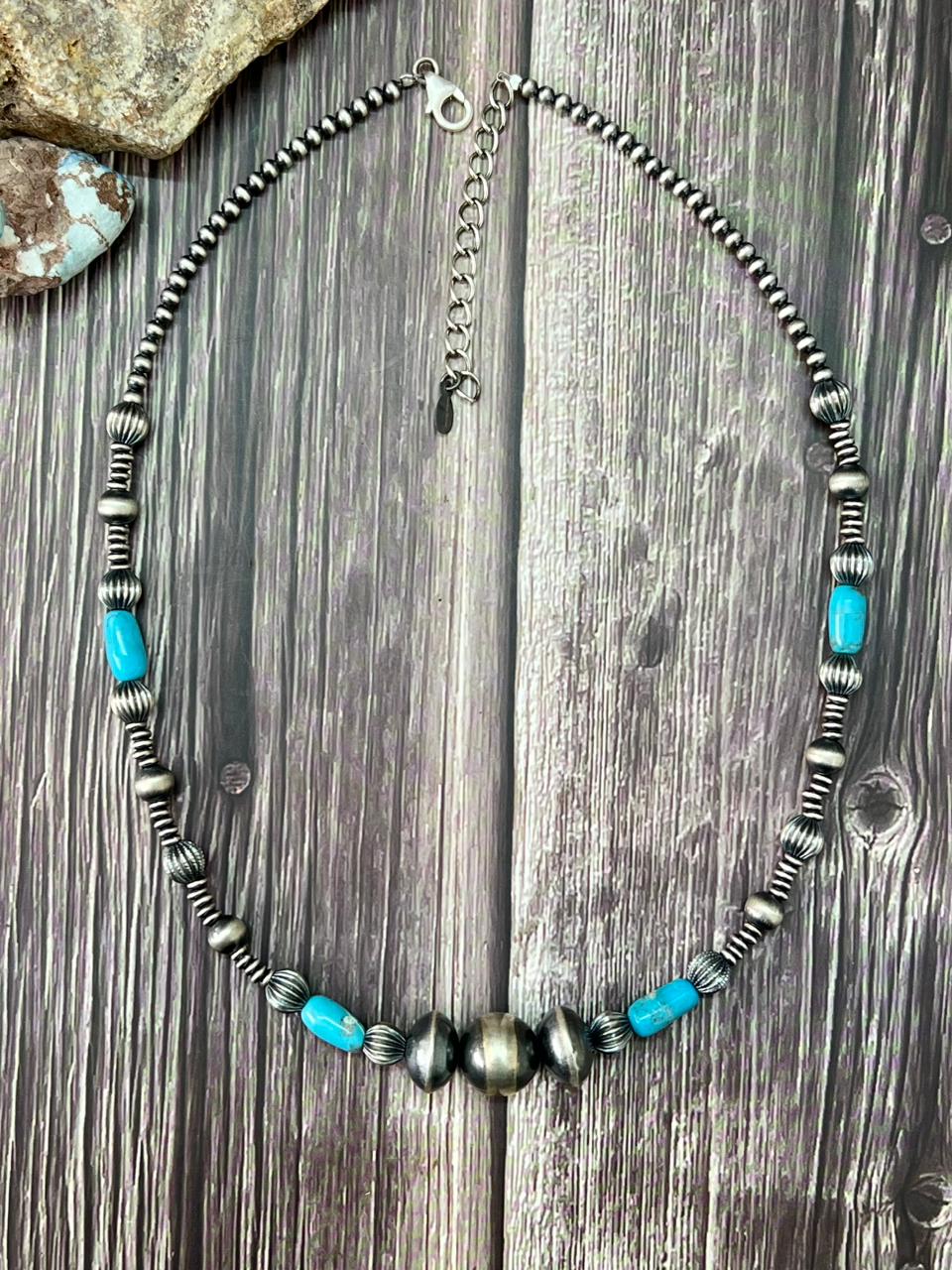 Handmade Sterling Silver Beaded Kingman Turquoise Necklace (7)