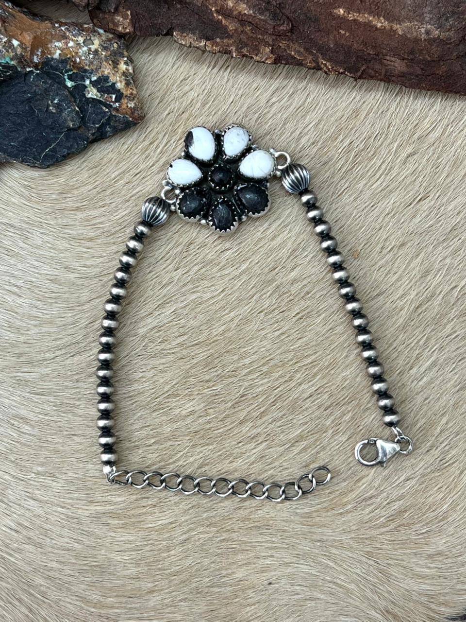 Handmade Sterling Silver White Buffalo Chain Bracelet "Signed Nizhoni"