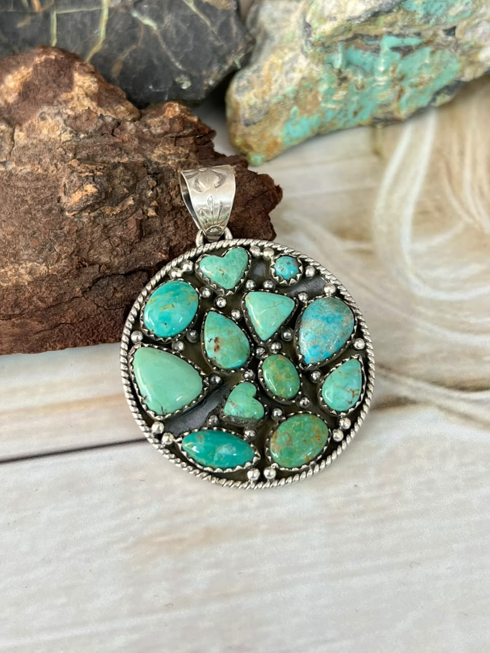 Handmade Sterling Silver Carico Lake Turquoise Pendant Signed Nizhoni