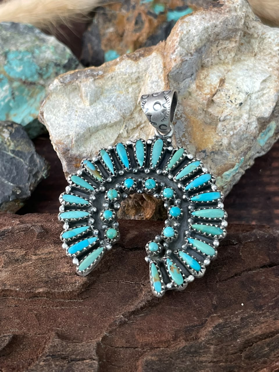 Handmade Sterling Silver Kingman Turquoise Naja Pendant Signed Nizhoni