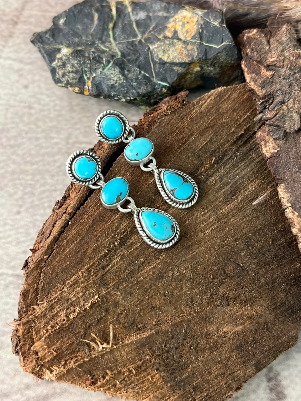 Handmade Sterling Silver Egyptian Turquoise Post Dangle Earrings Signed Nizhoni