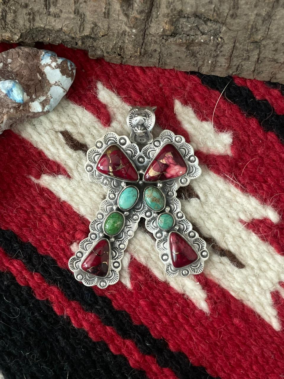 Handmade Sterling Silver Dahlia Rose with Emerald Valley Turquoise Pendant "Signed Nizhoni"