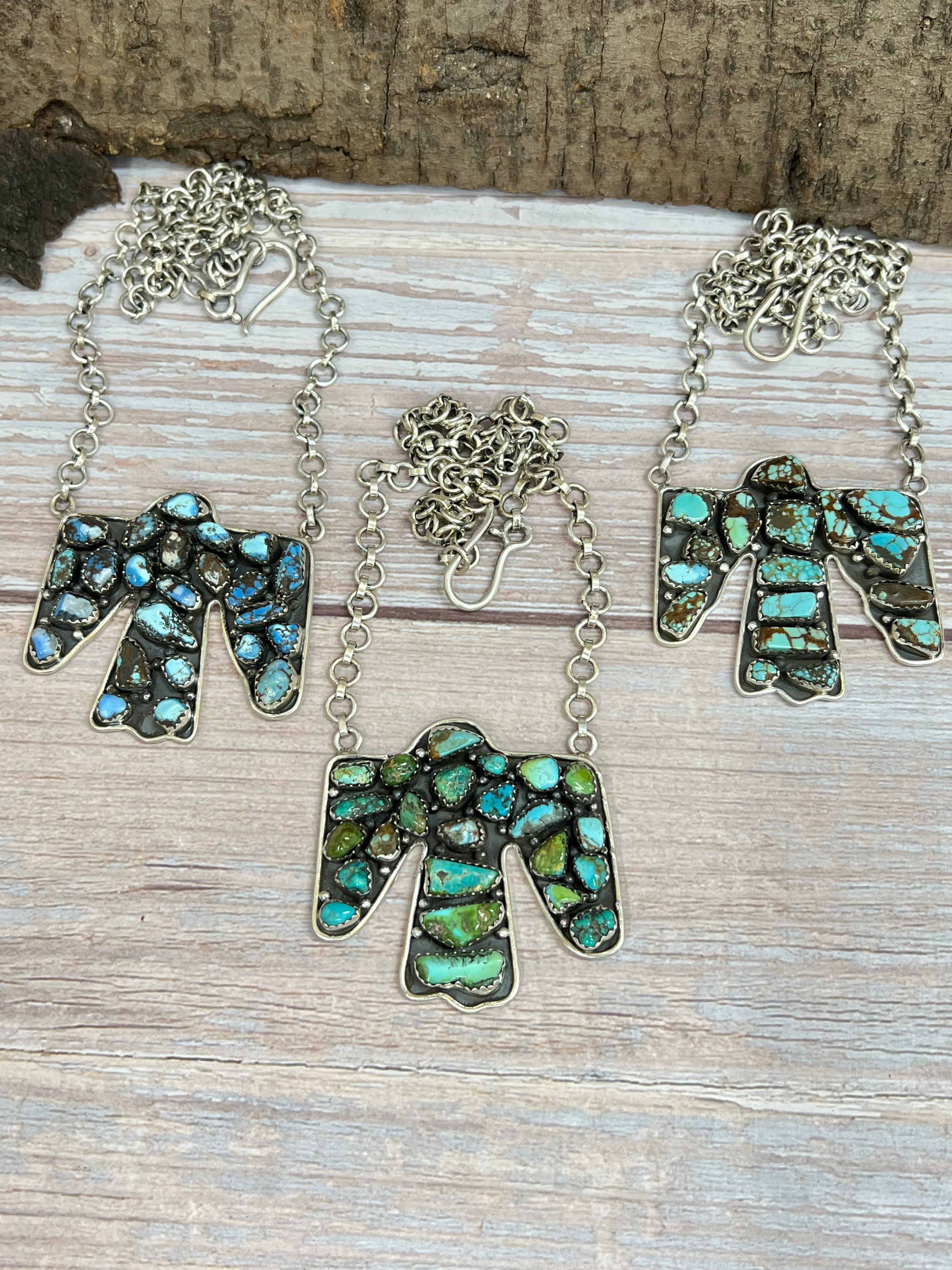 Handmade Sterling Silver Multi Stone Thunder Bird Necklace with Signed Nizhoni