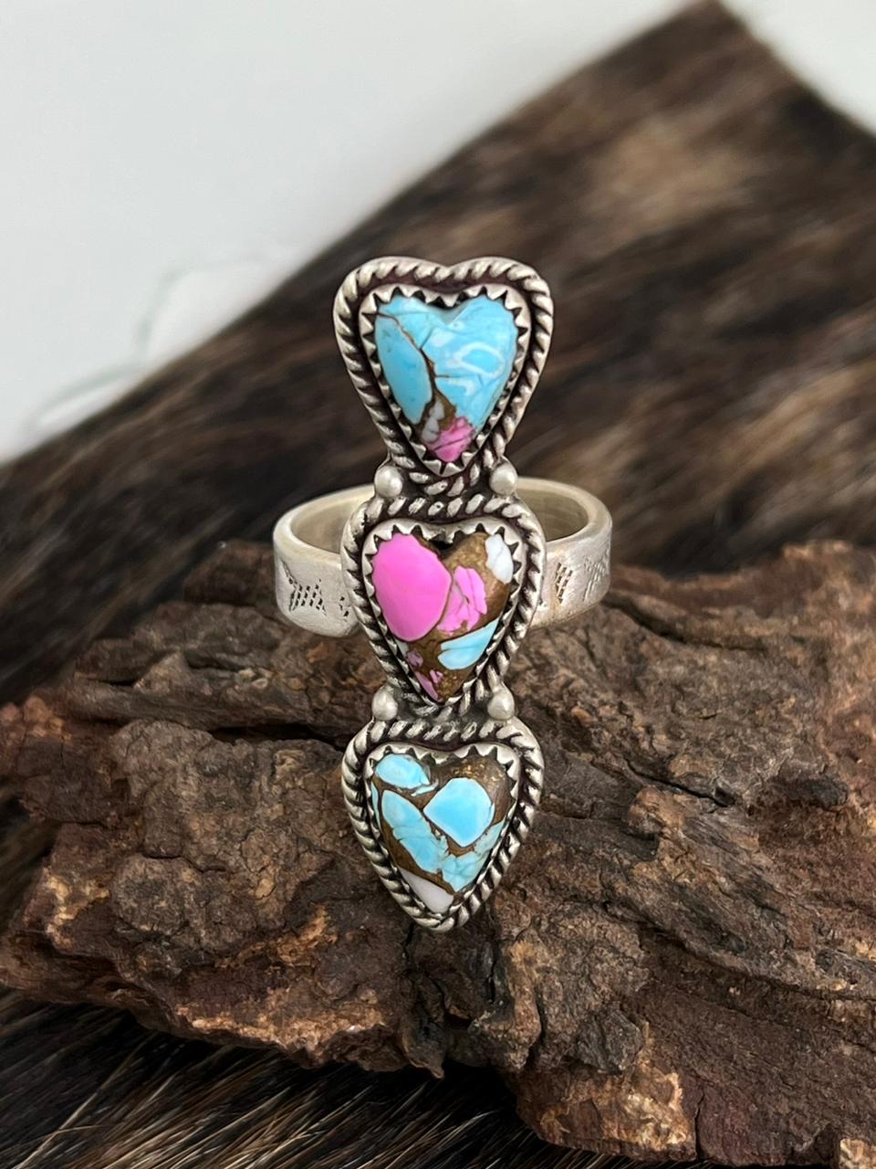 Handmade Sterling Silver Cotton Candy Turquoise Heart Adjustable Ring "Signed Nizhoni"