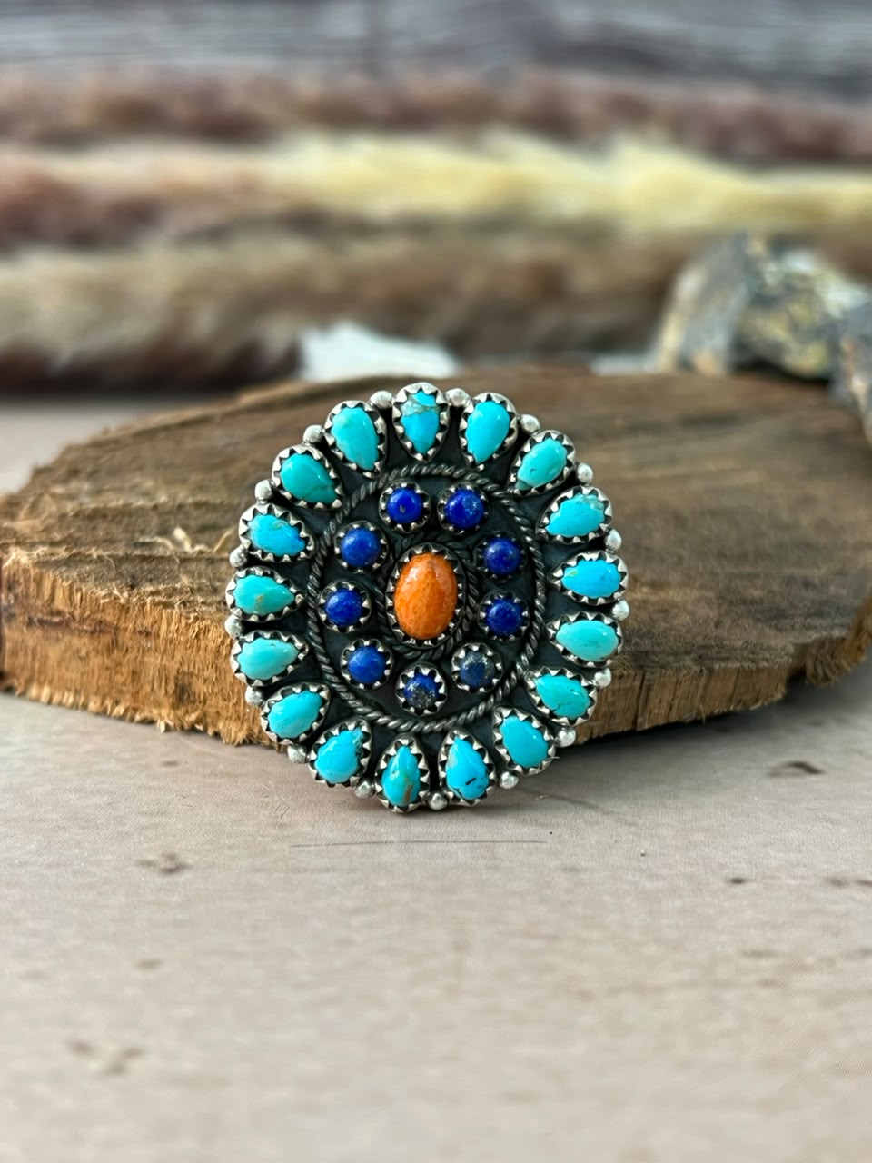 Handmade Sterling Silver Kingman Turquoise with Lapis and Orange Mojave Adjustable Ring Signed Nizhoni