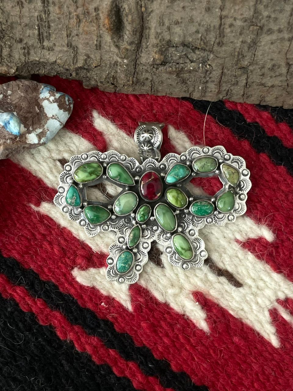 Handmade Sterling Silver Dahlia Rose with Emerald Valley Turquoise Pendant "Signed Nizhoni"