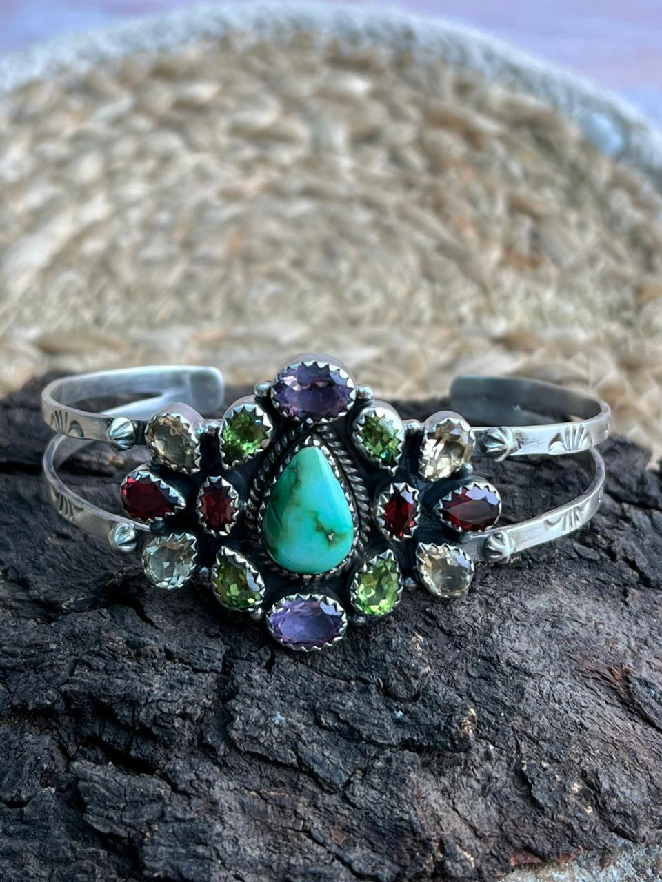 Handmade Sterling Silver Sonoran with Cut Stone Bracelet "Signed Nizhoni"