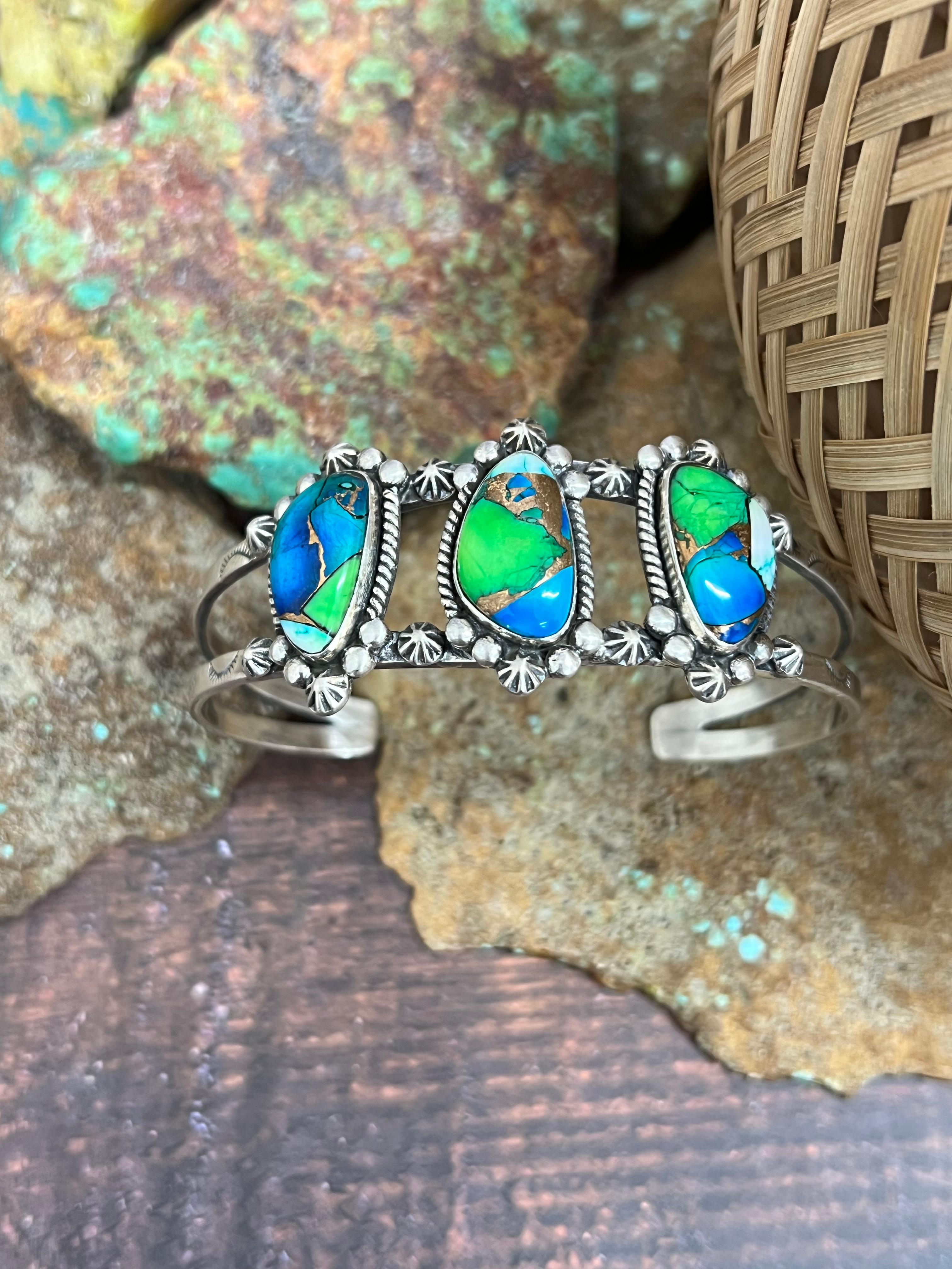 Handmade Sterling Silver Peacock Dahlia Cuff Bracelet with Signed Nizhoni