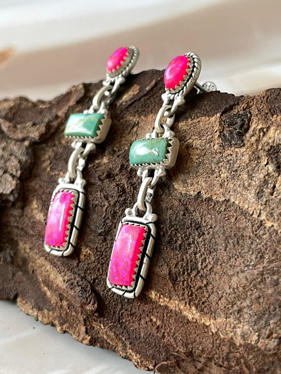 Handmade Sterling Silver Spring Collection: Hot Pink with Kingman Post Dangle Earrings "Signed Nizhoni"
