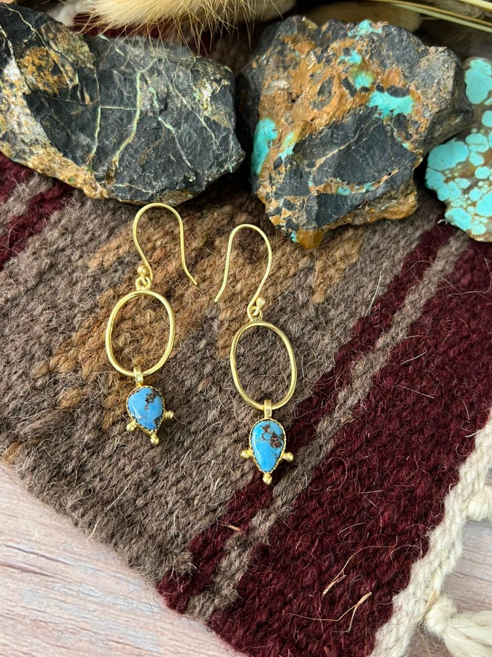 “The Golden Collection” Handmade Natural Golden Hills Turquoise Hoop Dangle Earrings