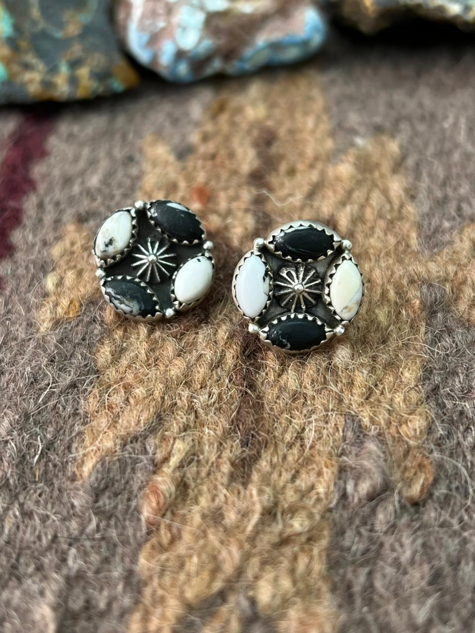 Handmade Sterling Silver White Buffalo Post Studs Earrings "Signed Nizhoni"