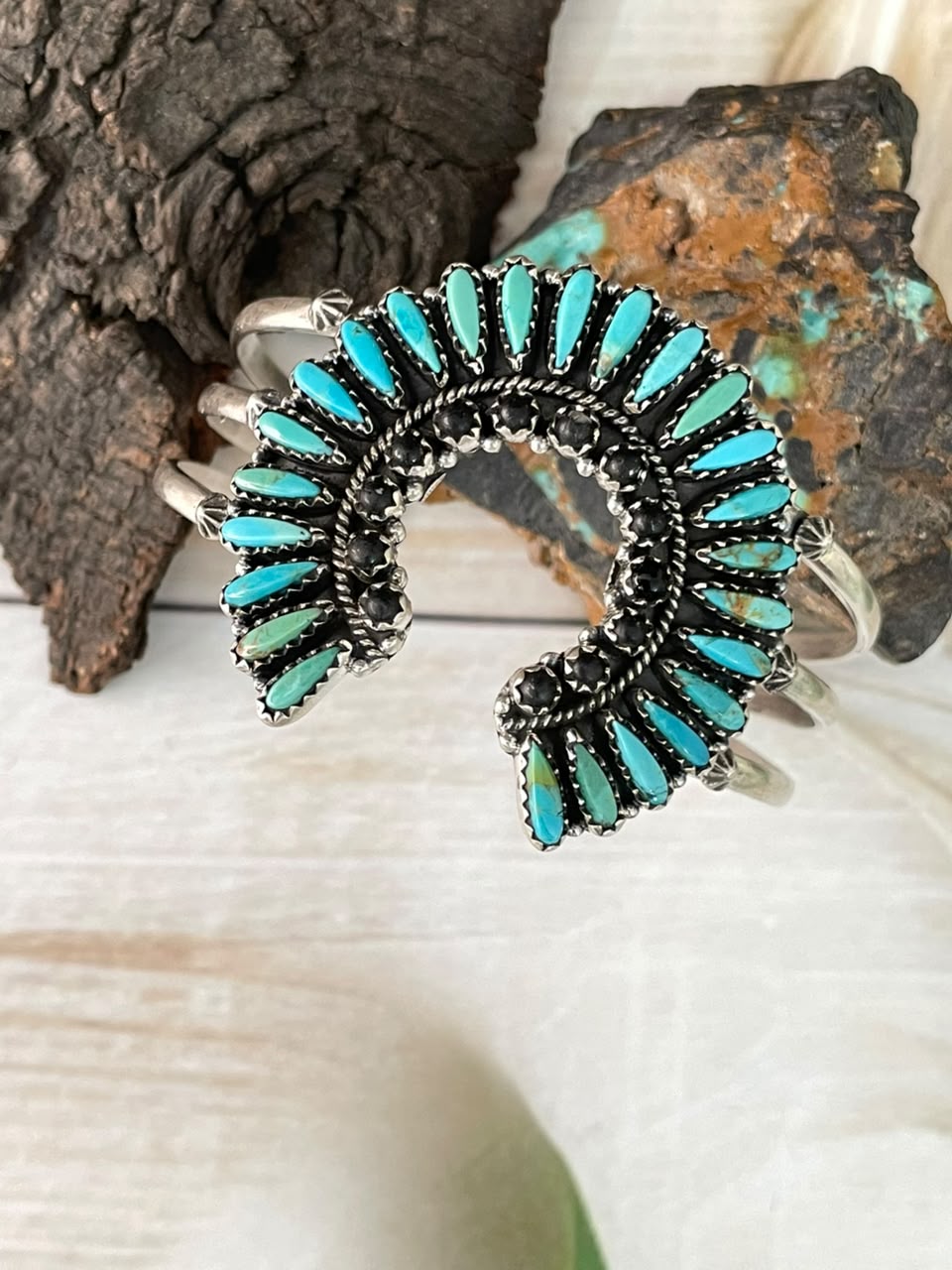 Handmade Sterling Silver Kingman Turquoise with White Buffalo Naja Cuff Bracelet Signed Nizhoni