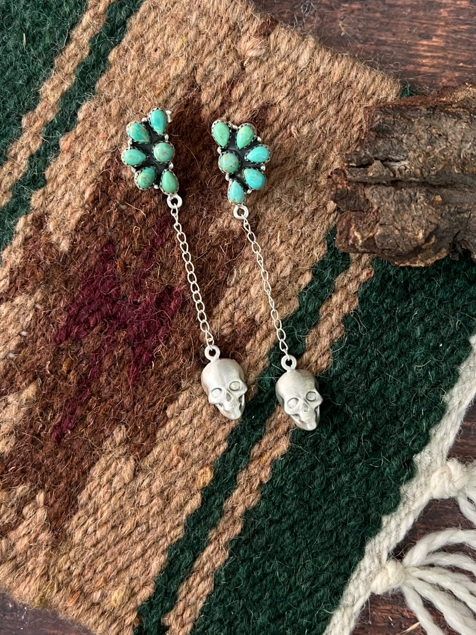 Handmade Sterling Silver Kingman Turquoise Halloween Collection: Post Dangle Earrings Signed Nizhoni