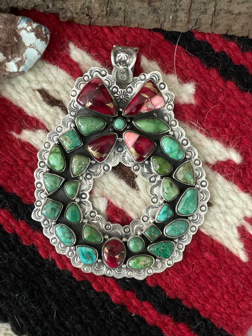 Handmade Sterling Silver Dahlia Rose with Emerald Valley Turquoise Pendant "Signed Nizhoni"