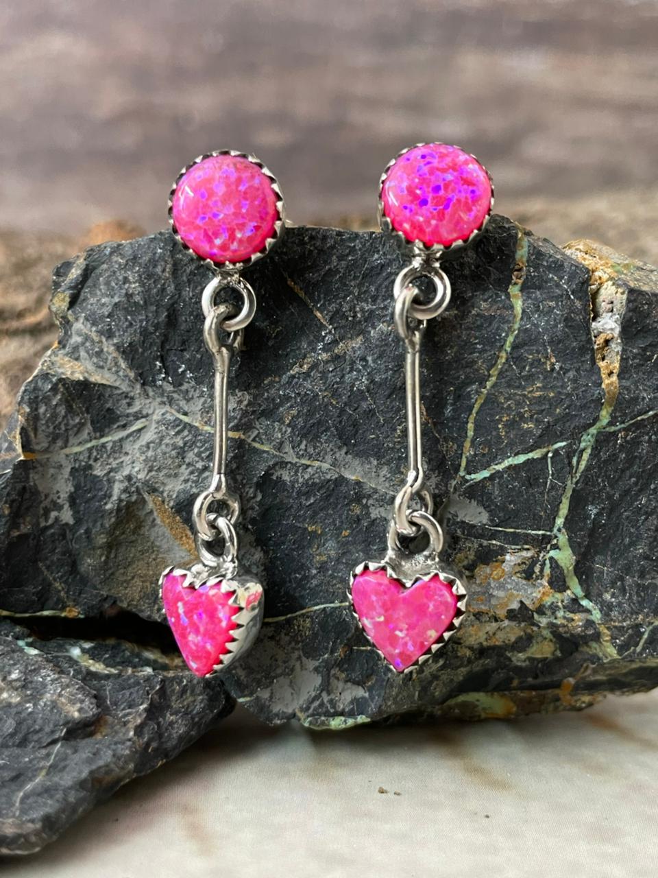 "Heart Collection" Handmade Sterling Silver Hot Pink Post Dangle Earrings "Signed Nizhoni"