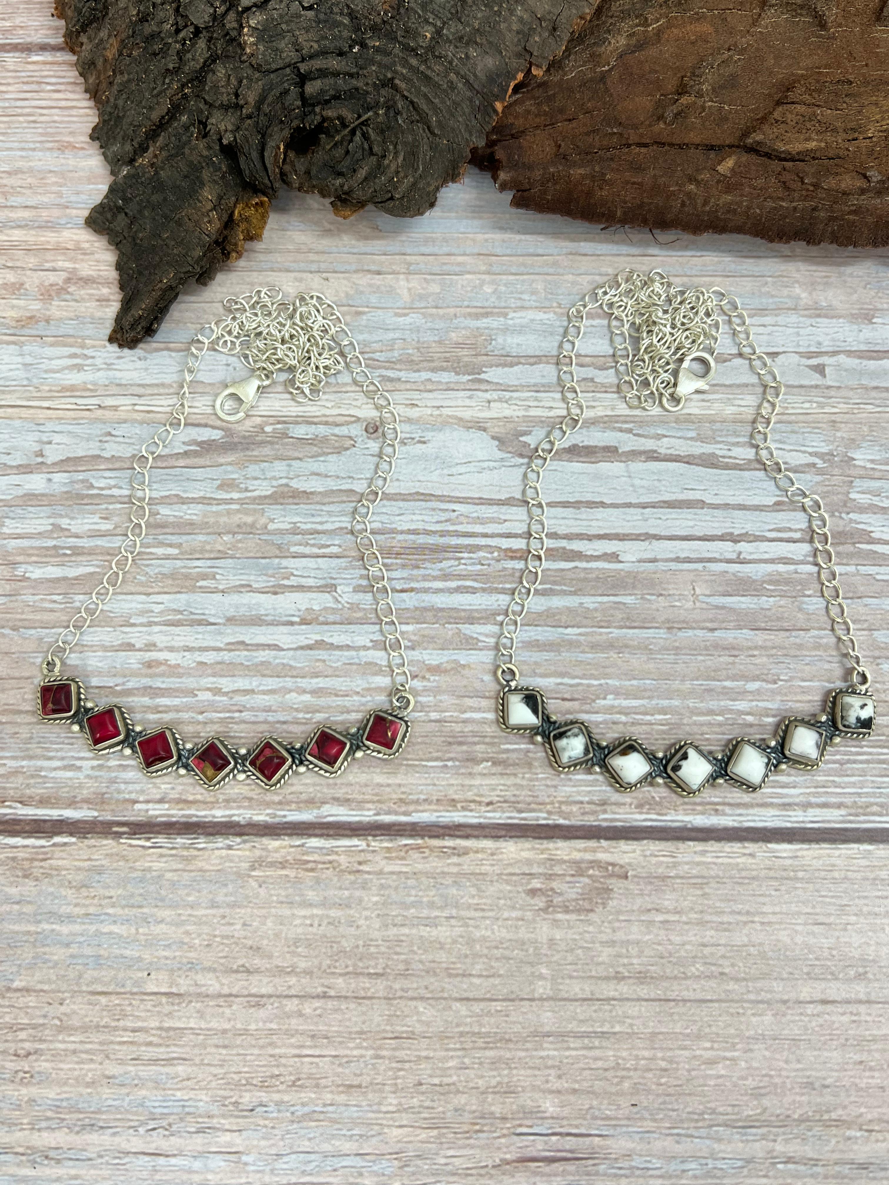 Handmade Sterling Silver White Buffalo, Dahlia Rose Necklace with Signed Nizhoni