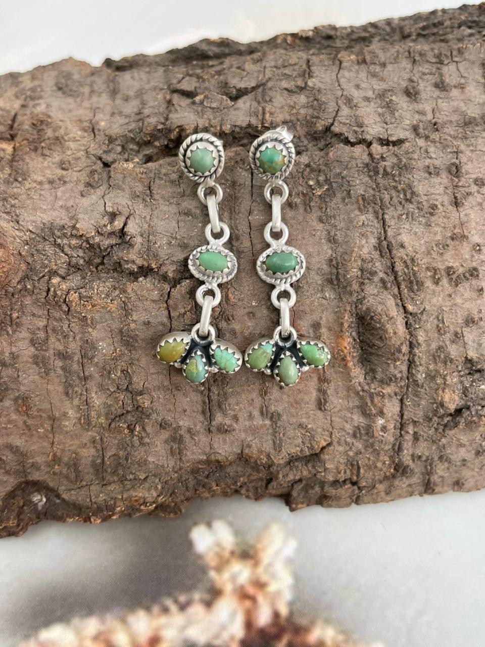 Handmade Sterling Silver Kingman Turquoise Post Dangle Earrings "Signed Nizhoni"