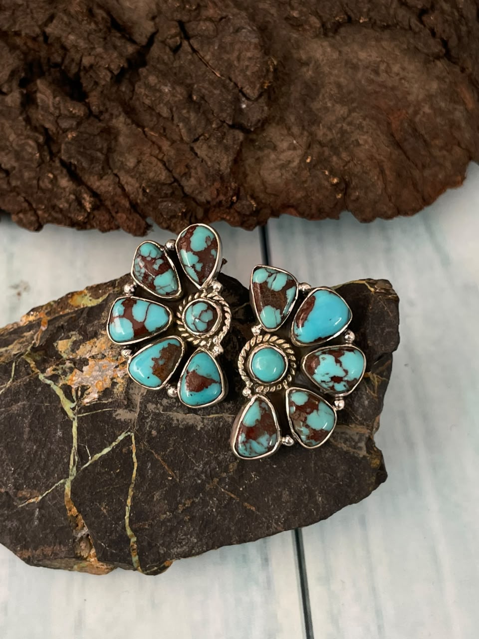 Handmade Sterling Silver Egyptian Turquoise Collection: Post Studs Earrings Signed Nizhoni