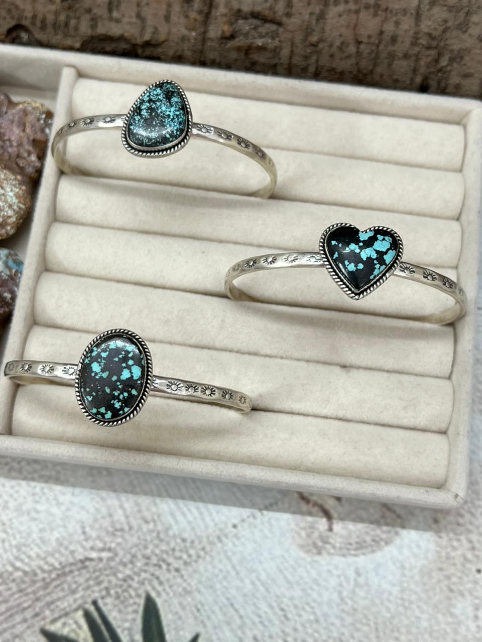 Handmade Sterling Silver Lander Turquoise Cuff Bracelet with Signed Nizhoni