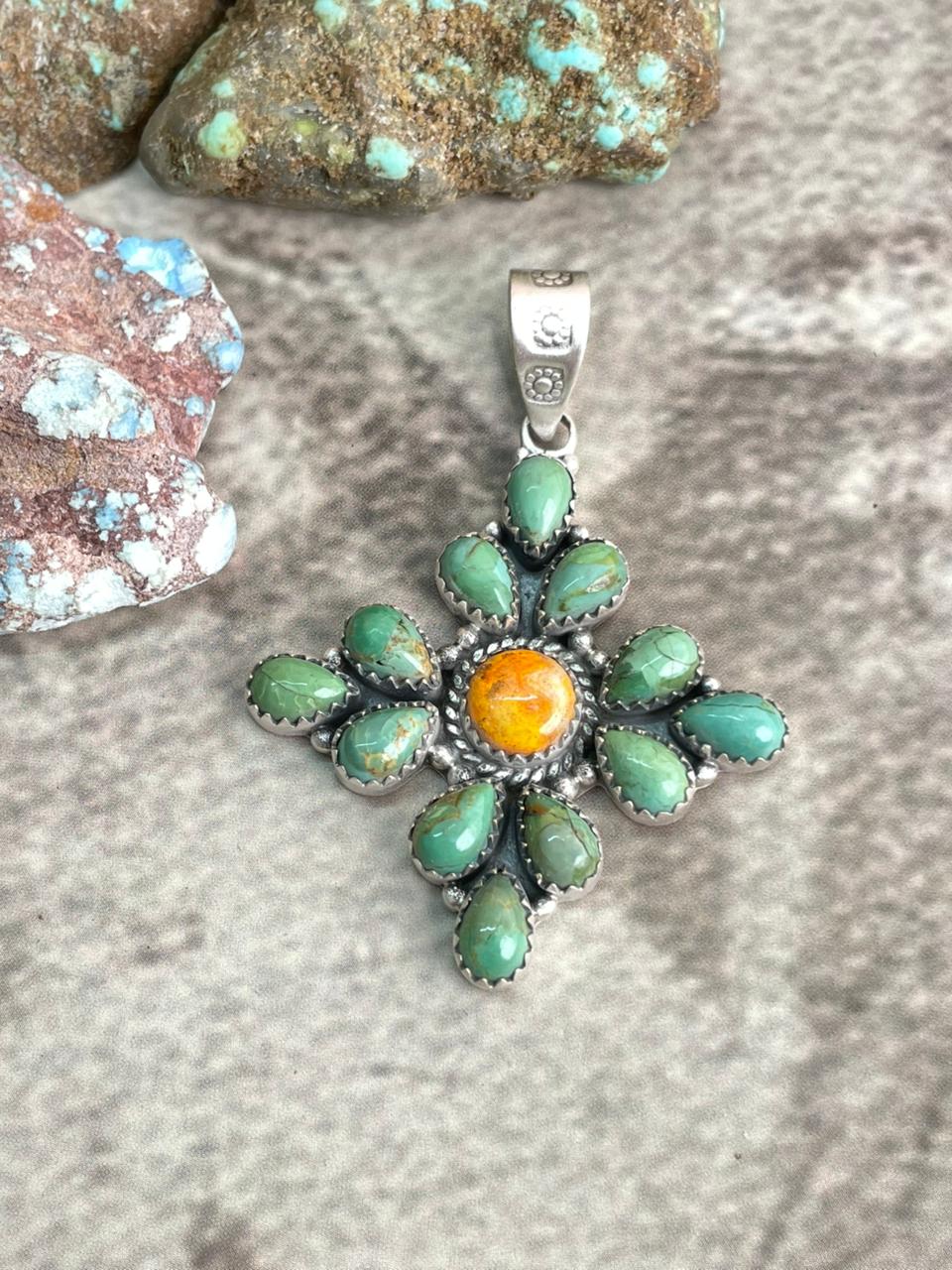 Handmade Sterling Silver Kingman Turquoise with Bumblebee Pendant with Signed Nizhoni