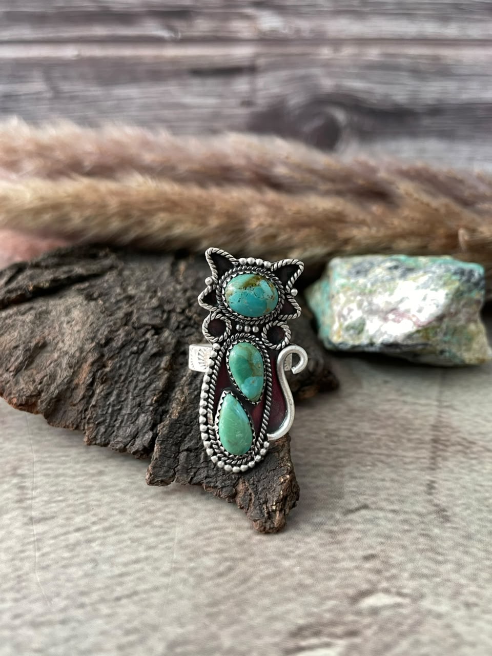 Handmade Sterling Silver Kingman Turquoise Cat Adjustable Ring Signed Nizhoni
