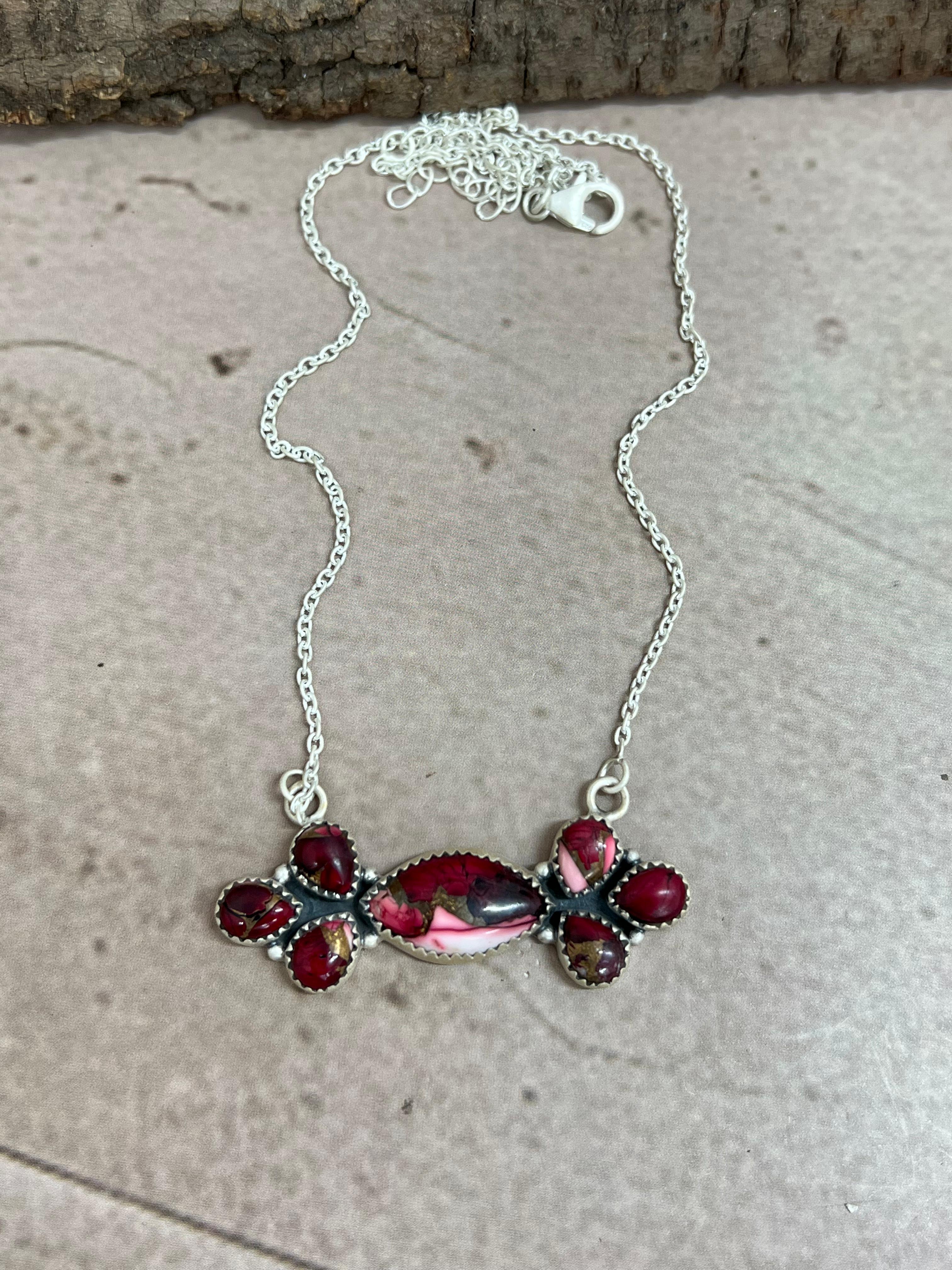 Handmade Sterling Silver Dahlia Rose Necklace with Signed Nizhoni