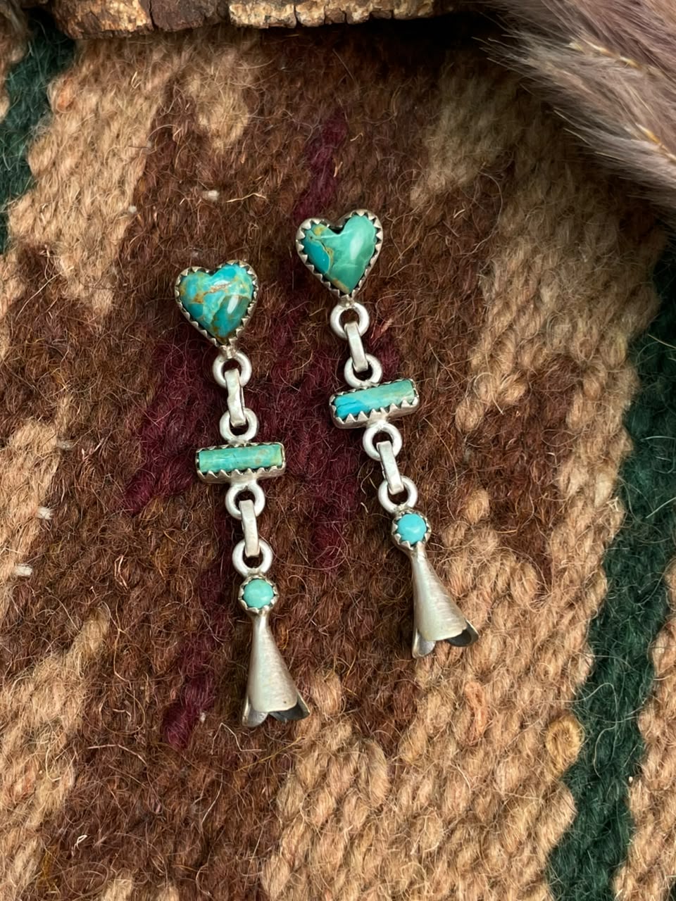 Handmade Sterling Silver Kingman Turquoise Post Squash Blossom Dangle Earrings Signed Nizhoni
