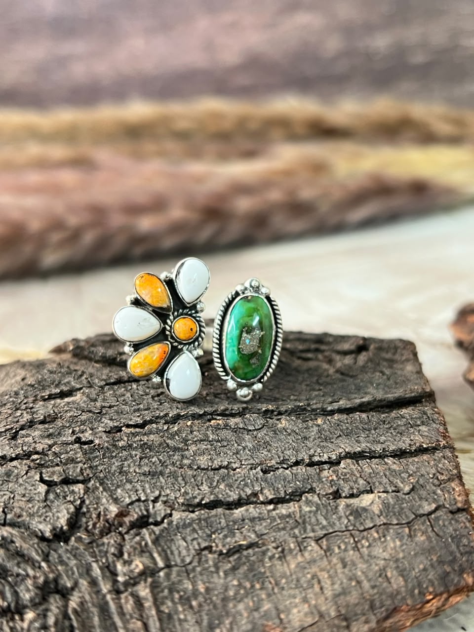 Handmade Sterling Silver Sonoran Mountain Turquoise with Bumblebee and White Buffalo Spring Collection: Adjustable Ring Signed Nizhoni