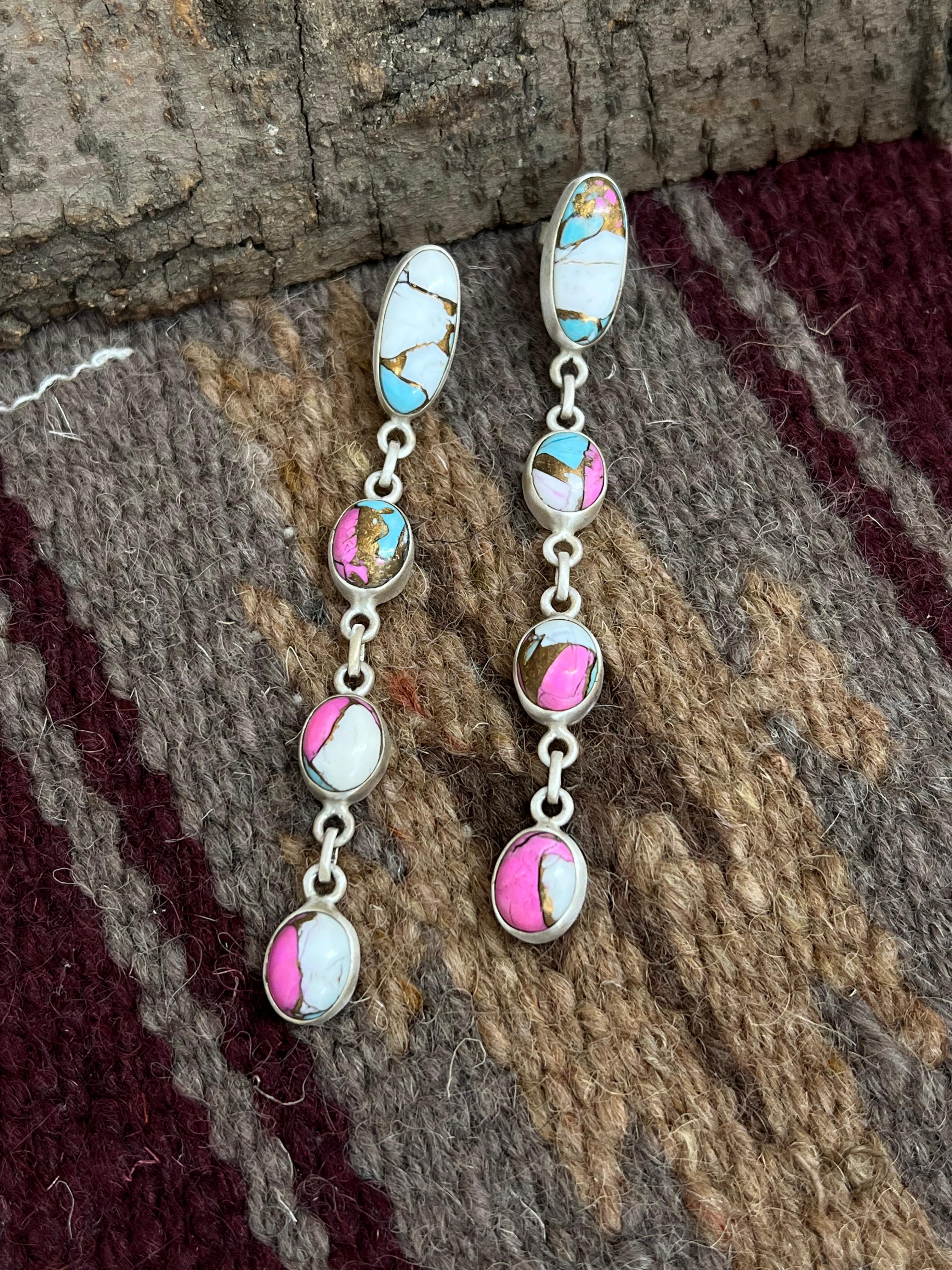 Handmade Sterling Silver Cotton Candy Turquoise Post Dangle Earrings with Signed Nizhoni