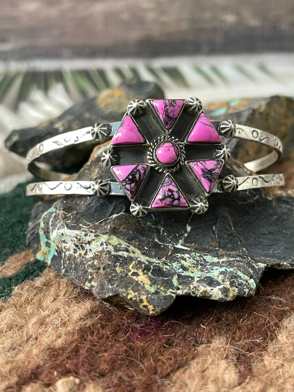 Handmade Sterling Silver Cherry Blossom Cuff Bracelet "Signed Nizhoni"