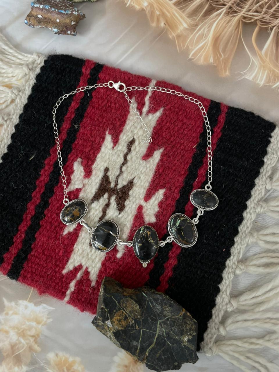 Handmade Sterling Silver Blackjack Turquoise Necklace "Signed Nizhoni"