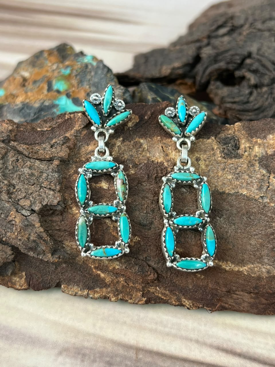 Handmade Sterling Silver Kingman Turquoise Post Dangle Earrings Signed Nizhoni