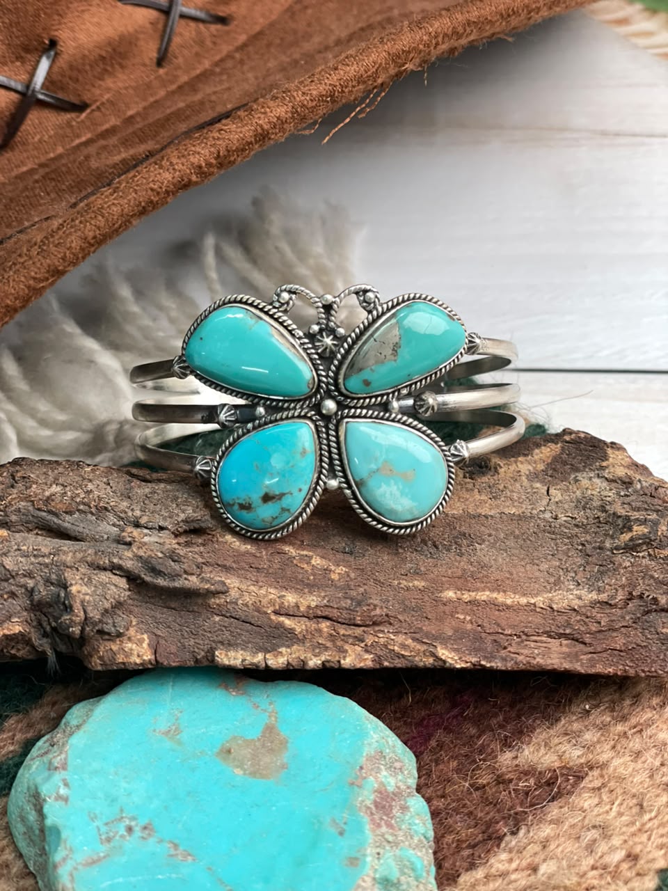 Handmade Sterling Silver Campitos Turquoise Collection: Butterfly Cuff Bracelet Signed Nizhoni