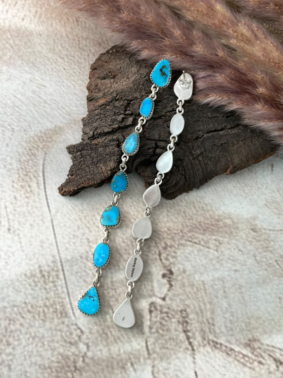 Handmade Sterling Silver Blue Kingman Turquoise Post Dangle Earrings Signed Nizhoni 7 STONE