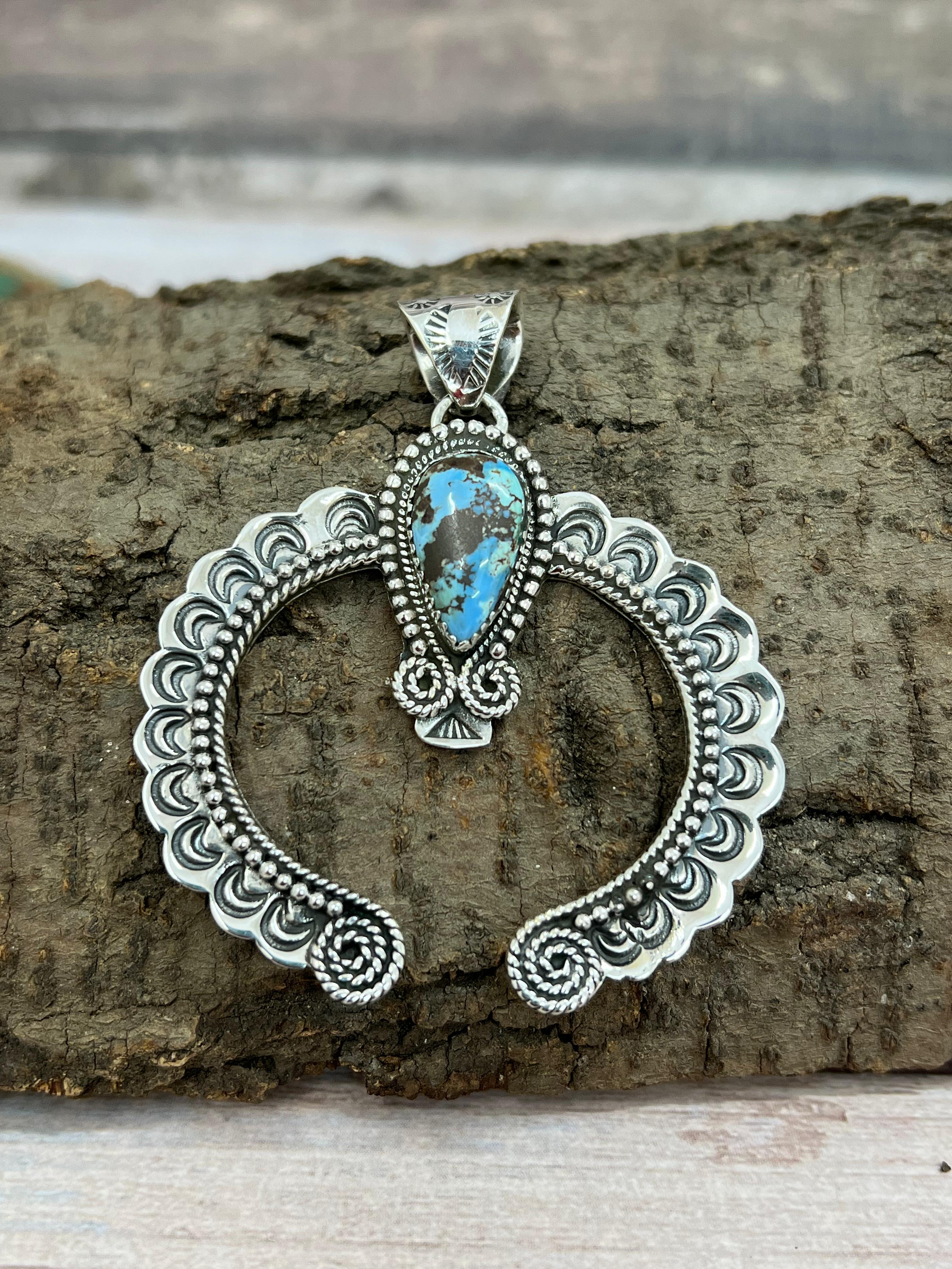 Handmade Sterling Silver Golden Hills Turquoise Pendant with Signed Nizhoni