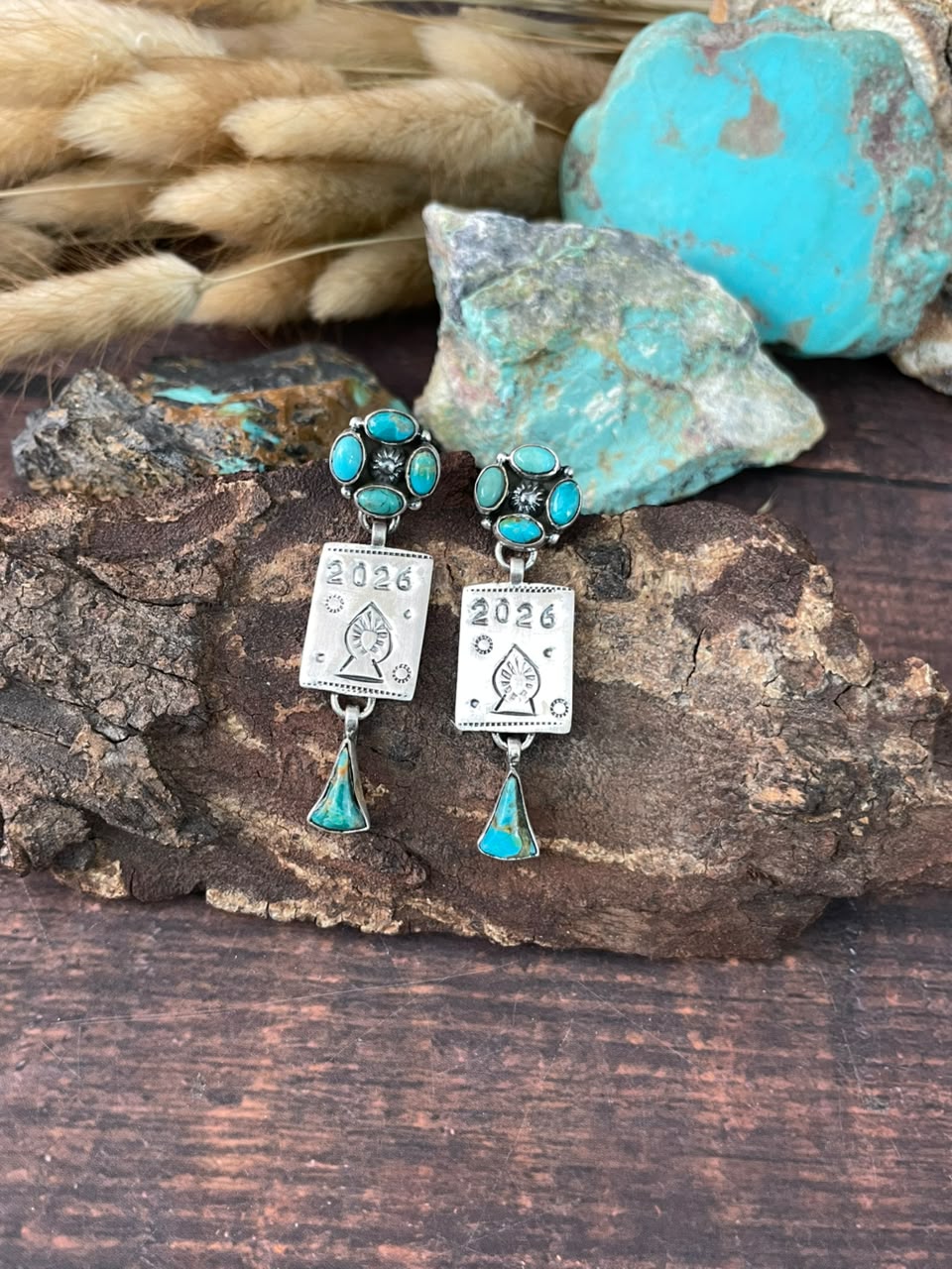 Handmade Sterling Silver Kingman Turquoise NFR Collection: Post Dangle Earrings Signed Nizhoni