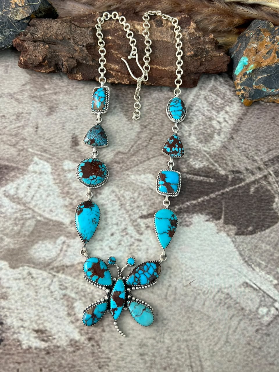Handmade Sterling Silver Egyptian Turquoise Butterfly Necklace Signed Nizhoni