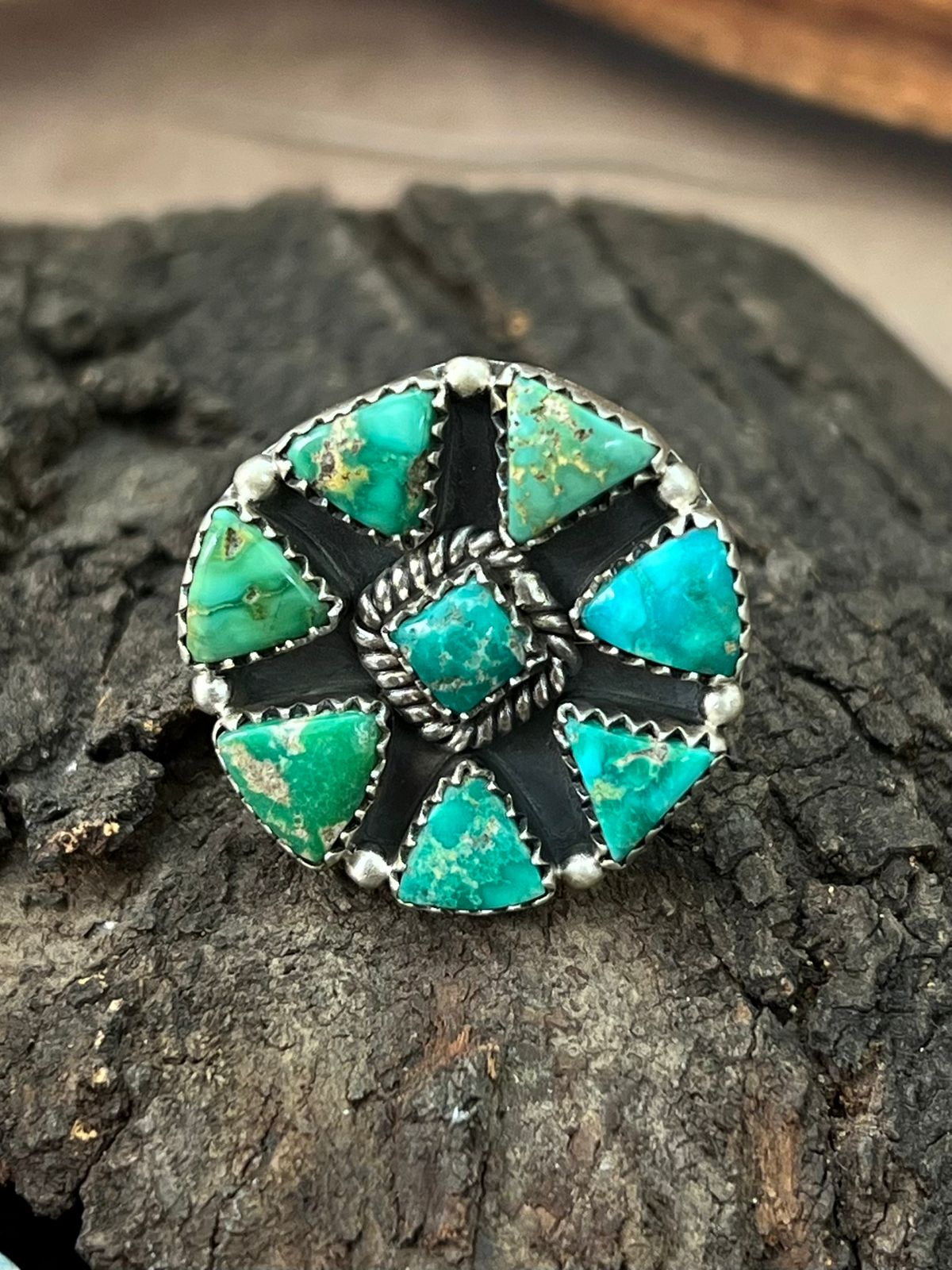 Handmade Sterling Silver Emerald Valley Turquoise Adjustable Ring "Signed Nizhoni"