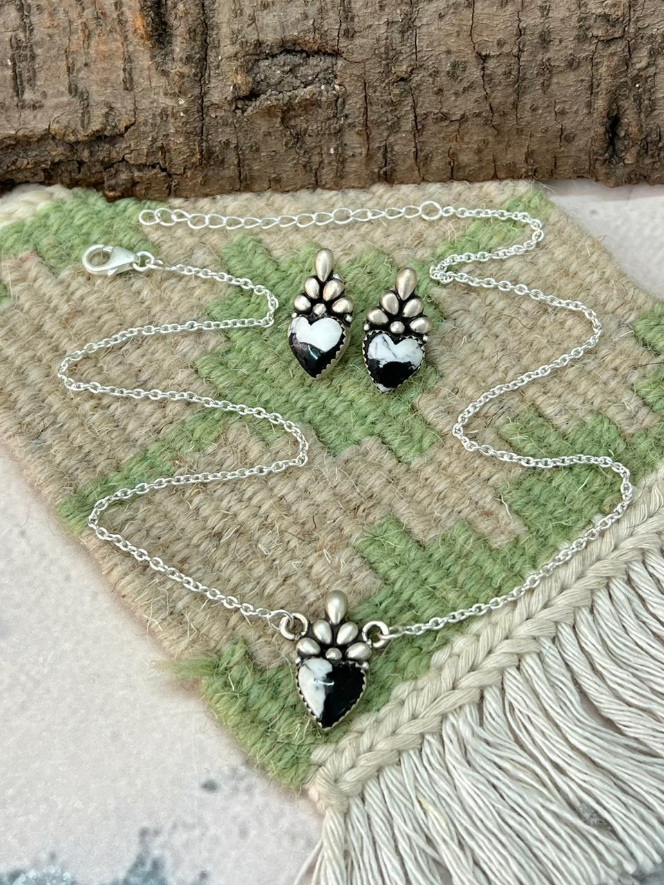 Handmade Sterling Silver White Buffalo Necklace Earrings Set "Signed Nizhoni"